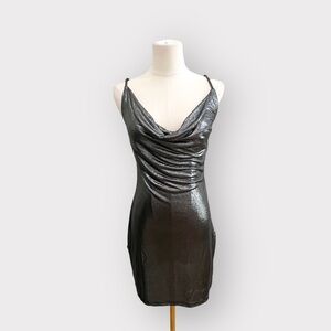 SAINT GENIES Metallic Silver Slinky Cowl Neck Dress (Sz 10)